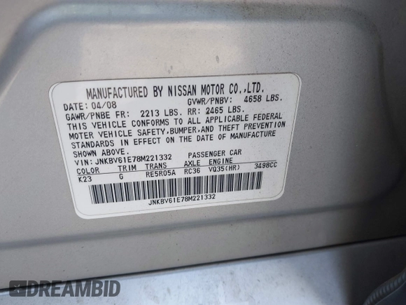 2008 Infiniti G35 Journey with VIN JNKBV61E78M221332, listed as a IAAI auction lot 41637037 with 127,403 mi miles. Bid and sale history available at carsss.com. Image 9.