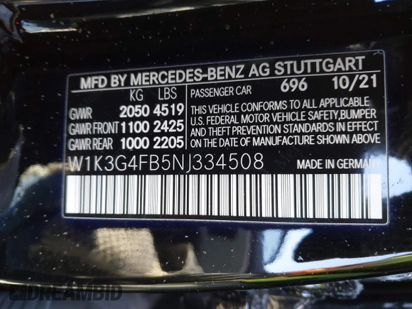 2022 Mercedes-Benz A 220 with VIN W1K3G4FB5NJ334508, listed as a IAAI auction lot 41305437 with 29,952 mi miles and . Bid and sale history available at DreamBid. Image 9.