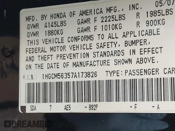 2007 Honda Accord LX SE with VIN 1HGCM56357A173826, listed as a IAAI auction lot 42384984 with 232,487 mi miles and . Bid and sale history available at DreamBid. Image 9.