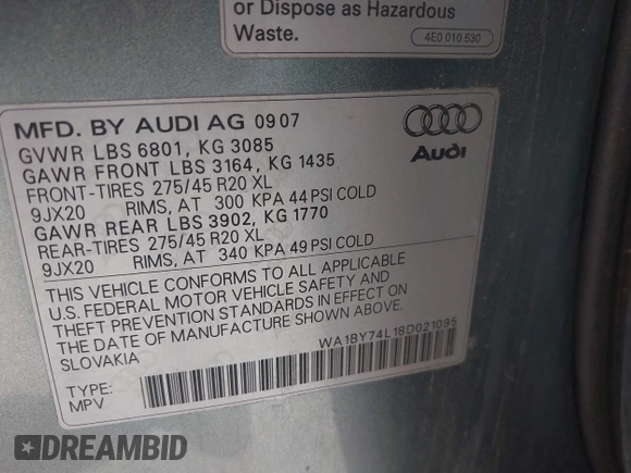 2008 Audi Q7 Premium with VIN WA1BY74L18D021095, listed as a IAAI auction lot 42577363 with 132,988 mi miles and . Bid and sale history available at DreamBid. Image 9.