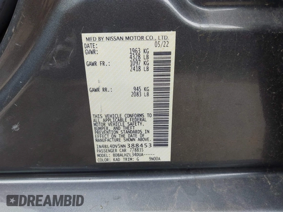 2022 Nissan Altima SV z VIN 1N4BL4DV5NN388453, wystawiony jako IAAI lot #42439418 z przebiegiem 37 066 mil mil oraz . Historia ofert i sprzedaży dostępna na DreamBid. Obrazek 9.