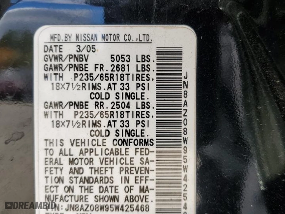 2005 Nissan Murano S with VIN JN8AZ08W95W425468, listed as a Copart auction lot 76286434 with 146,133 mi miles and Clean Title. Bid and sale history available at carsss.com. Image 13.