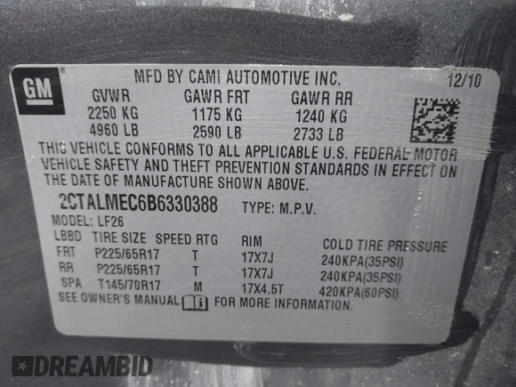2011 GMC Terrain SLE-1 with VIN 2CTALMEC6B6330388, listed as a IAAI auction lot 42378703 with 162,799 mi miles and . Bid and sale history available at DreamBid. Image 9.