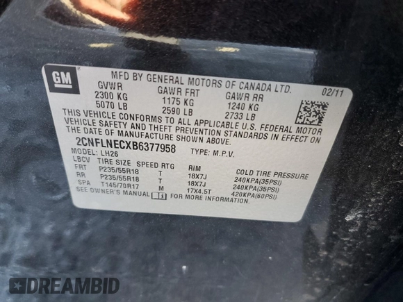 2011 Chevrolet Equinox 2LT z VIN 2CNFLNECXB6377958, wystawiony jako Copart lot #42144915 z przebiegiem 160 832 mil mil oraz Czysty tytuł • Clean title. Historia ofert i sprzedaży dostępna na DreamBid. Obrazek 13.