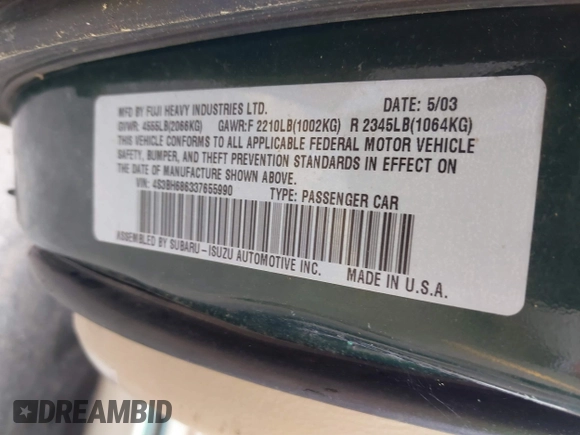 2003 Subaru Legacy Outback Limited with VIN 4S3BH686337655990, listed as a IAAI auction lot 42501539 with 217,996 mi miles and . Bid and sale history available at DreamBid. Image 9.