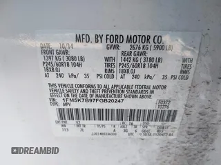 2015 Ford Explorer with VIN 1FM5K7B97FGB20247, listed as a IAAI auction lot 41703414 with 101,778 mi miles and . Bid and sale history available at DreamBid. Image 9.