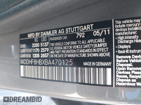 2011 Mercedes-Benz E 350 Luxury with VIN WDDHF8HBXBA470125, listed as a IAAI auction lot 42457264 with 329,915 mi miles and . Bid and sale history available at DreamBid. Image 9.