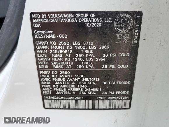 2020 Volkswagen Atlas SEL with VIN 1V2MC2CA2LC232531, listed as a Copart auction lot 80002804 with 73,810 mi miles and Salvage title. Bid and sale history available at DreamBid. Image 14.