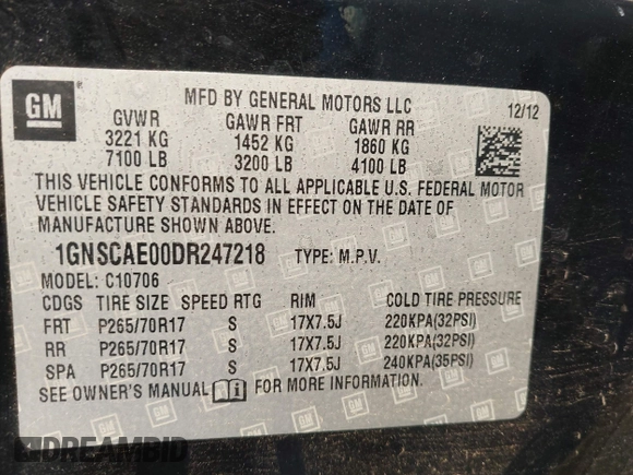 2013 Chevrolet Tahoe LS с VIN 1GNSCAE00DR247218, выставлен на аукционе IAAI как лот 42081674 с пробегом 164 687 миль миль и . История ставок и продаж доступна на DreamBid. Изображение 9.