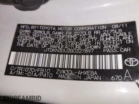 2011 Toyota Prius I with VIN JTDKN3DU2B0327897, listed as a IAAI auction lot 41908301 with 136,486 mi miles and . Bid and sale history available at DreamBid. Image 9.