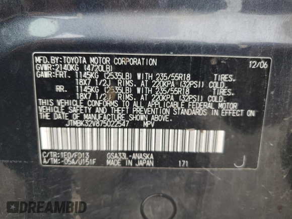 2007 Toyota RAV4 Sport with VIN JTMBK32V875022547, listed as a Copart auction lot 49613825 with 245,664 mi miles and Salvage Title. Bid and sale history available at carsss.com. Image 13.