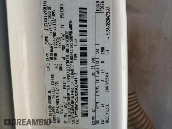 2021 Ford F-150 XL with VIN 1FTEW1C5XMKE44112, listed as a Copart auction lot 50231815 with Not provided miles and Salvage title. Bid and sale history available at DreamBid. Image 12.