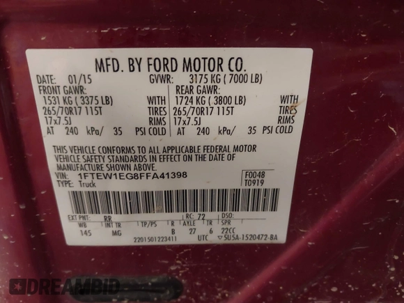 2015 Ford F-150 XLT with VIN 1FTEW1EG8FFA41398, listed as a IAAI auction lot 42102711 with 129,812 mi miles and . Bid and sale history available at DreamBid. Image 9.