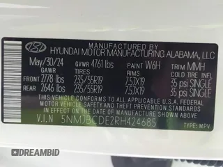 2024 Hyundai Tucson SEL with VIN 5NMJBCDE2RH424685, listed as a IAAI auction lot 41524218 with 10,481 mi miles and . Bid and sale history available at DreamBid. Image 9.