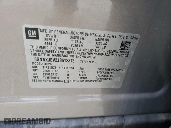 2018 Chevrolet Equinox LT with VIN 3GNAXJEV2JS612373, listed as a Copart auction lot 59193535 with 69,558 mi miles and Non repairable. Bid and sale history available at DreamBid. Image 13.