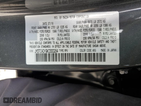 2019 Mazda CX-9 Grand Touring z VIN JM3TCADY9K0300284, wystawiony jako Copart lot #51801365 z przebiegiem 53 550 mil mil oraz Szkoda całkowita • Salvage title. Historia ofert i sprzedaży dostępna na DreamBid. Obrazek 13.