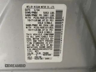2004 Nissan Murano SE z VIN JN8AZ08W24W322732, wystawiony jako Copart lot #48995645 z przebiegiem 132 402 mil mil oraz Szkoda całkowita • Salvage title. Historia ofert i sprzedaży dostępna na DreamBid. Obrazek 13.