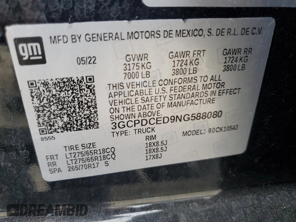 2022 Chevrolet Silverado 1500 Custom Trail Boss with VIN 3GCPDCED9NG588080, listed as a Copart auction lot 70178044 with Not Provided miles and Salvage Title. Bid and sale history available at DreamBid. Image 12.