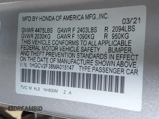 2021 Honda Accord Sport with VIN 1HGCV2F38MA015147, listed as a IAAI auction lot 42402213 with 31,715 mi miles and . Bid and sale history available at DreamBid. Image 9.