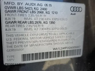 2016 Audi Q5 Premium Plus with VIN WA1L2AFP2GA005667, listed as a Copart auction lot 60166205 with 67,295 mi miles and Salvage title. Bid and sale history available at DreamBid. Image 14.