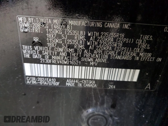 2013 Toyota RAV4 Limited с VIN 2T3DFREV4DW016521, выставлен на аукционе Copart как лот 59694935 с пробегом 126 568 миль миль и На запчасти • Non repairable. История ставок и продаж доступна на DreamBid. Изображение 13.