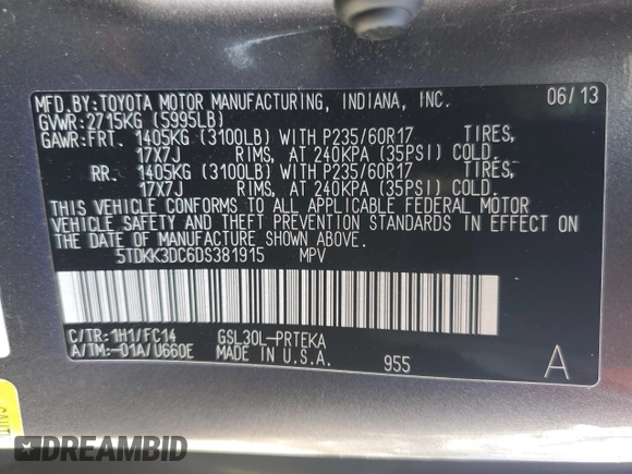 2013 Toyota Sienna LE AAS with VIN 5TDKK3DC6DS381915, listed as a Copart auction lot 48888975 with 137,543 mi miles and Salvage Title. Bid and sale history available at DreamBid. Image 13.