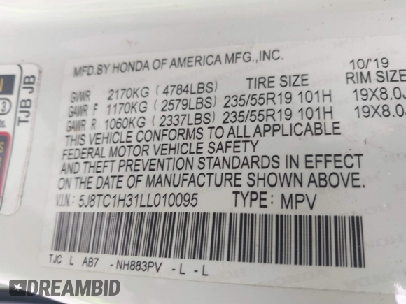 2020 Acura RDX with VIN 5J8TC1H31LL010095, listed as a IAAI auction lot 41523090 with 74,444 mi miles and . Bid and sale history available at DreamBid. Image 9.