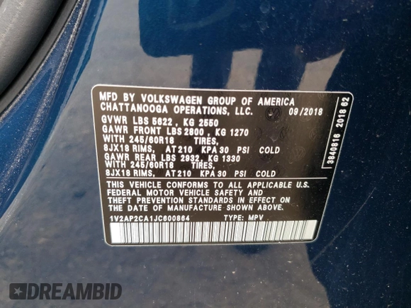 2018 Volkswagen Atlas S with VIN 1V2AP2CA1JC600864, listed as a Copart auction lot 62267595 with 99,816 mi miles and Salvage title. Bid and sale history available at DreamBid. Image 13.