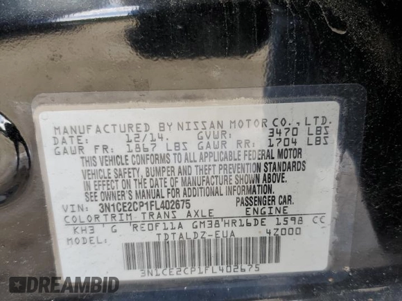2015 Nissan Note SV z VIN 3N1CE2CP1FL402675, wystawiony jako Copart lot #58724275 z przebiegiem 96 786 mil mil oraz Szkoda całkowita • Salvage title. Historia ofert i sprzedaży dostępna na DreamBid. Obrazek 12.