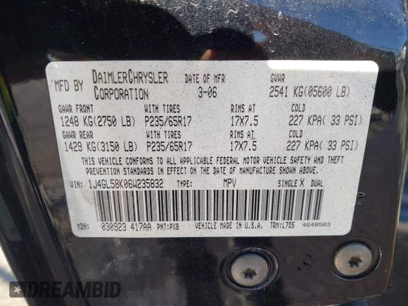2006 Jeep Liberty Limited with VIN 1J4GL58K06W235832, listed as a IAAI auction lot 41604428 with 172,979 mi miles. Bid and sale history available at carsss.com. Image 9.