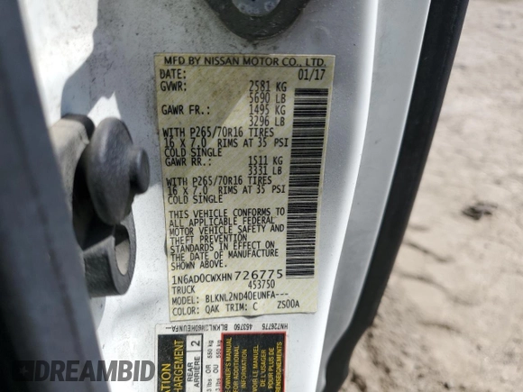 2017 Nissan Frontier SV z VIN 1N6AD0CWXHN726775, wystawiony jako Copart lot #54184725 z przebiegiem 210 999 mil mil oraz Szkoda całkowita • Salvage title. Historia ofert i sprzedaży dostępna na DreamBid. Obrazek 13.
