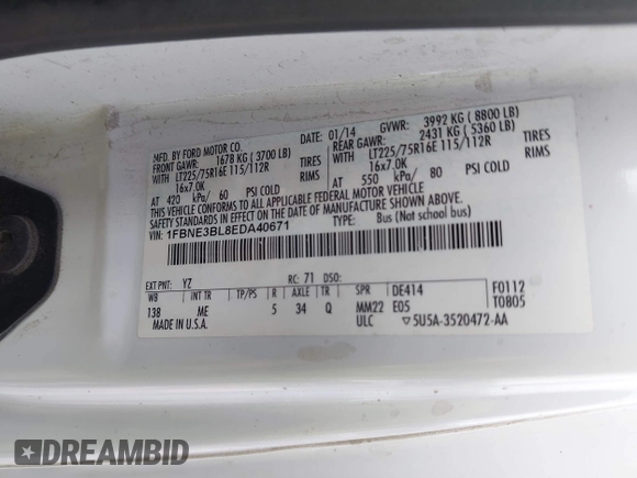 2014 Ford Econoline Passenger XL with VIN 1FBNE3BL8EDA40671, listed as a IAAI auction lot 42000919 with 399,196 mi miles and . Bid and sale history available at DreamBid. Image 8.
