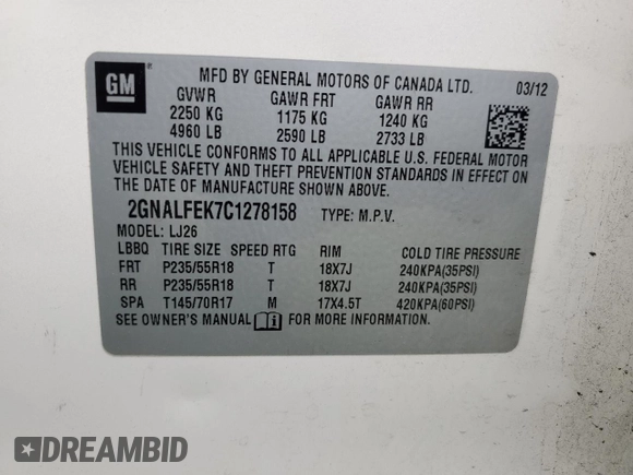 2012 Chevrolet Equinox LTZ z VIN 2GNALFEK7C1278158, wystawiony jako Copart lot #59346035 z przebiegiem 237 757 mil mil oraz Szkoda całkowita • Salvage title. Historia ofert i sprzedaży dostępna na DreamBid. Obrazek 13.