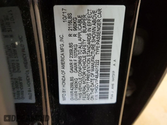 2018 Honda Accord EX with VIN 1HGCV1F48JA017222, listed as a Copart auction lot 45899405 with 66,772 mi miles and Salvage Title. Bid and sale history available at DreamBid. Image 14.