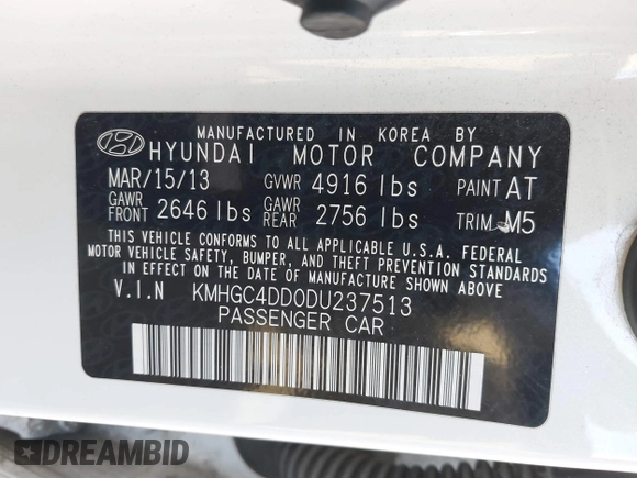 2013 Hyundai Genesis 3.8L with VIN KMHGC4DD0DU237513, listed as a IAAI auction lot 41329930 with 186,770 mi miles and . Bid and sale history available at DreamBid. Image 9.