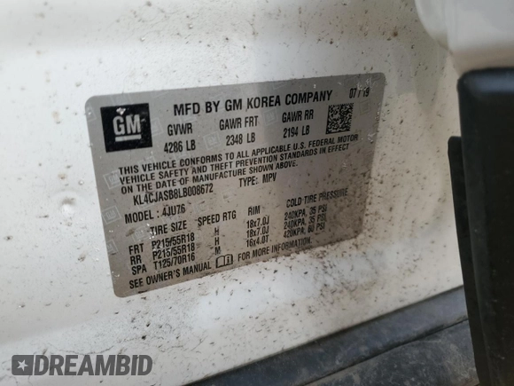 2020 Buick Encore Preferred with VIN KL4CJASB8LB008672, listed as a Copart auction lot 50195065 with 86,848 mi miles and Salvage Title. Bid and sale history available at DreamBid. Image 14.