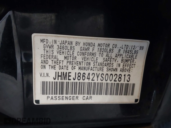 2000 Honda Civic EX with VIN JHMEJ8642YS002813, listed as a IAAI auction lot 41393115 with 168,674 mi miles. Bid and sale history available at carsss.com. Image 9.