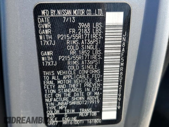 2013 Nissan Juke SV with VIN JN8AF5MR8DT219919, listed as a Copart auction lot 55976165 with 124,532 mi miles and Clean title. Bid and sale history available at DreamBid. Image 13.