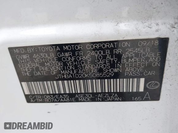 2019 Lexus IS with VIN JTHBA1D20K5085529, listed as a IAAI auction lot 41787672 with 105,633 mi miles. Bid and sale history available at carsss.com. Image 9.