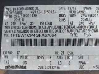 2016 Ford F-150 XL with VIN 1FTEW1CP4GFA67064, listed as a IAAI auction lot 42038095 with 62,402 mi miles and . Bid and sale history available at carsss.com. Image 9.
