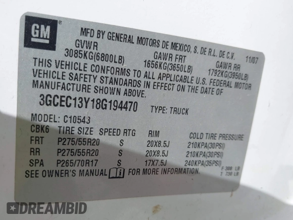2008 Chevrolet Silverado 1500 with VIN 3GCEC13Y18G194470, listed as a IAAI auction lot 42175368 with 316,159 mi miles and . Bid and sale history available at DreamBid. Image 9.