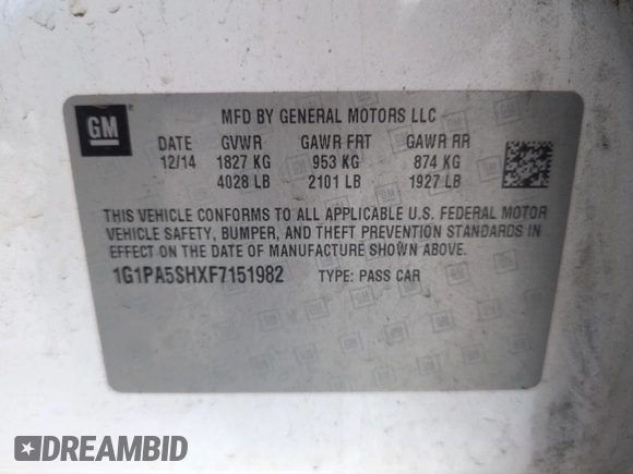 2015 Chevrolet Cruze LS z VIN 1G1PA5SHXF7151982, wystawiony jako Copart lot #54797185 z przebiegiem 137 278 mil mil oraz Szkoda całkowita • Salvage title. Historia ofert i sprzedaży dostępna na DreamBid. Obrazek 12.