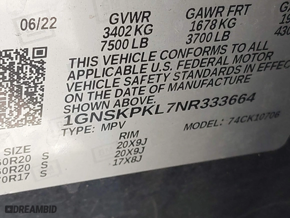 2022 Chevrolet Tahoe Z71 with VIN 1GNSKPKL7NR333664, listed as a IAAI auction lot 41010745 with 92,469 mi miles. Bid and sale history available at carsss.com. Image 9.