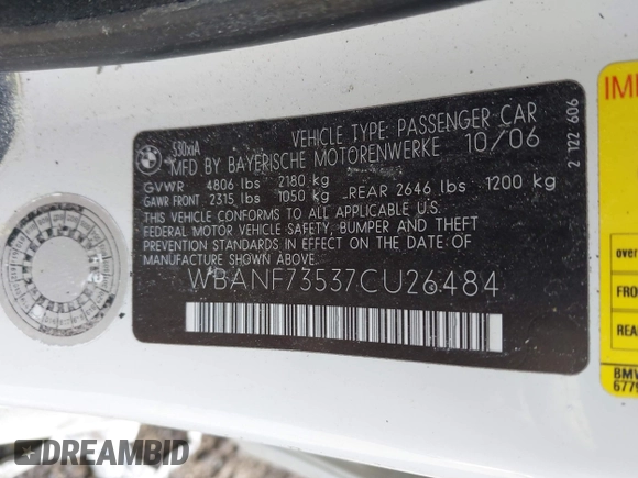 2007 BMW 5 Series 530xi with VIN WBANF73537CU26484, listed as a IAAI auction lot 42060808 with 164,727 mi miles and . Bid and sale history available at carsss.com. Image 9.