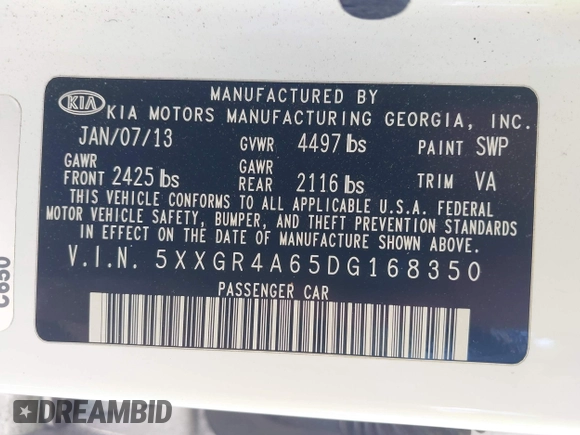 2013 Kia Optima SX with VIN 5XXGR4A65DG168350, listed as a IAAI auction lot 42254369 with 112,496 mi miles and . Bid and sale history available at DreamBid. Image 9.