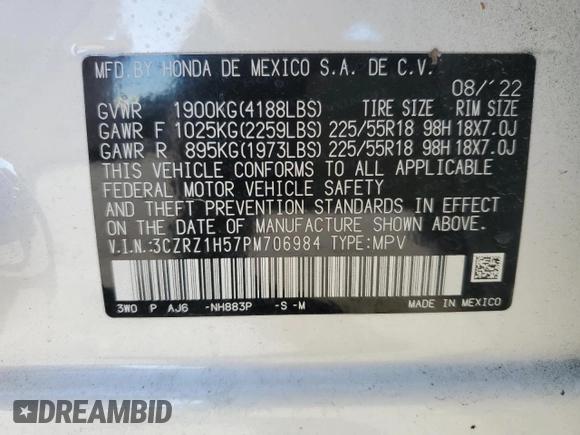 2023 Honda HR-V Sport with VIN 3CZRZ1H57PM706984, listed as a Copart auction lot 84251294 with 19,552 mi miles and Salvage Title. Bid and sale history available at DreamBid. Image 16.