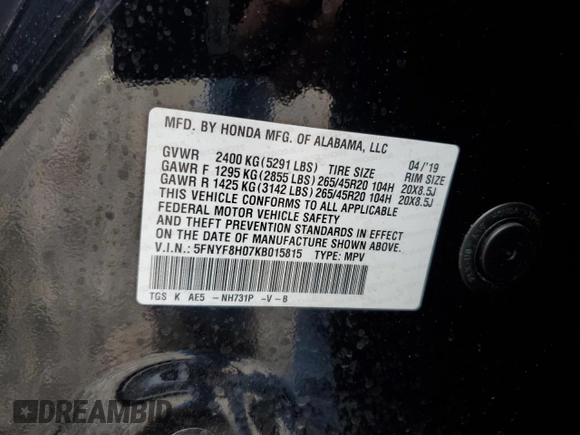 2019 Honda Passport Elite with VIN 5FNYF8H07KB015815, listed as a Copart auction lot 71529484 with 136,228 mi miles and Non Repairable. Bid and sale history available at carsss.com. Image 13.