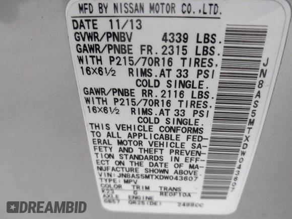 2013 Nissan Rogue S with VIN JN8AS5MTXDW043607, listed as a IAAI auction lot 41795965 with 132,741 mi miles. Bid and sale history available at carsss.com. Image 9.