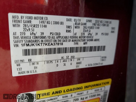 2019 Ford Expedition Max Limited z VIN 1FMJK1KT7KEA37818, wystawiony jako Copart lot #44128545 z przebiegiem 147 990 mil mil oraz Szkoda całkowita • Salvage title. Historia ofert i sprzedaży dostępna na DreamBid. Obrazek 13.