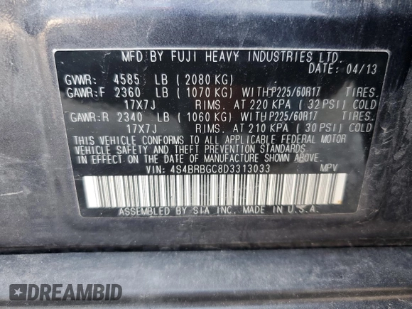 2013 Subaru Outback Premium with VIN 4S4BRBGC8D3313033, listed as a Copart auction lot 62078135 with 183,994 mi miles and Clean title. Bid and sale history available at DreamBid. Image 13.